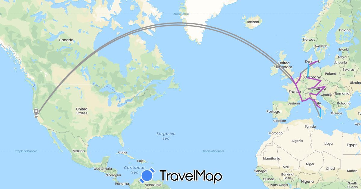 TravelMap itinerary: driving, plane, train, boat in Austria, Belgium, Switzerland, Czech Republic, Germany, Denmark, France, United Kingdom, Italy, Netherlands, United States (Europe, North America)