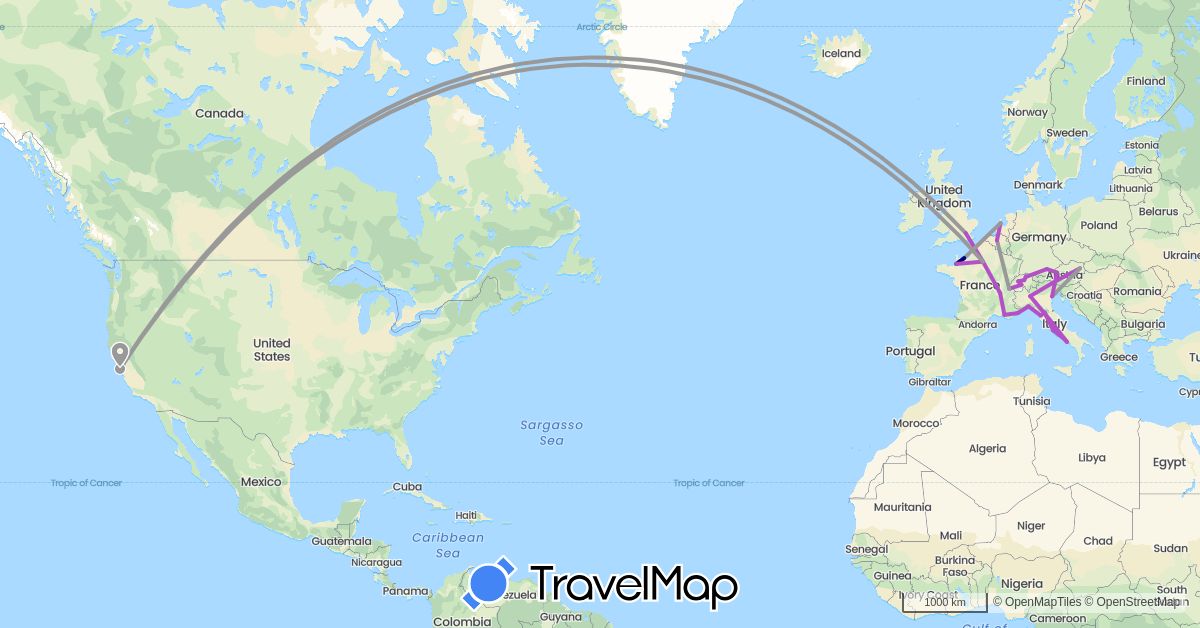 TravelMap itinerary: driving, plane, train in Austria, Belgium, Switzerland, Germany, France, United Kingdom, Italy, Monaco, Netherlands, United States (Europe, North America)